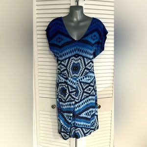 Tart aztec Geo print multicolored blues short sleeved stretch modal V-neck dress